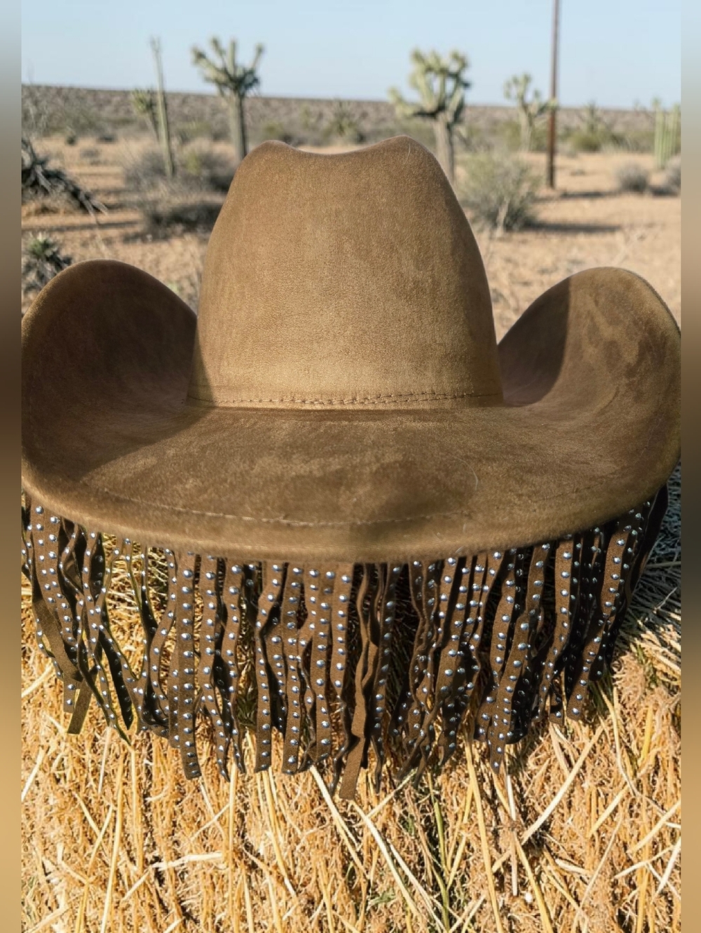 Fringed Faux Suede Western Cowboy Hat - Brown